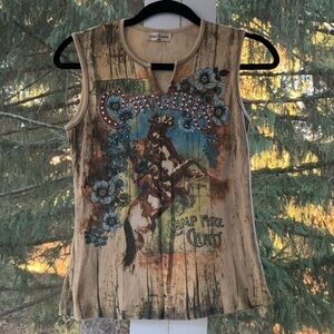 Skinny Minnie cowgirl sleeveless top with old time cowgirl and floral graphics